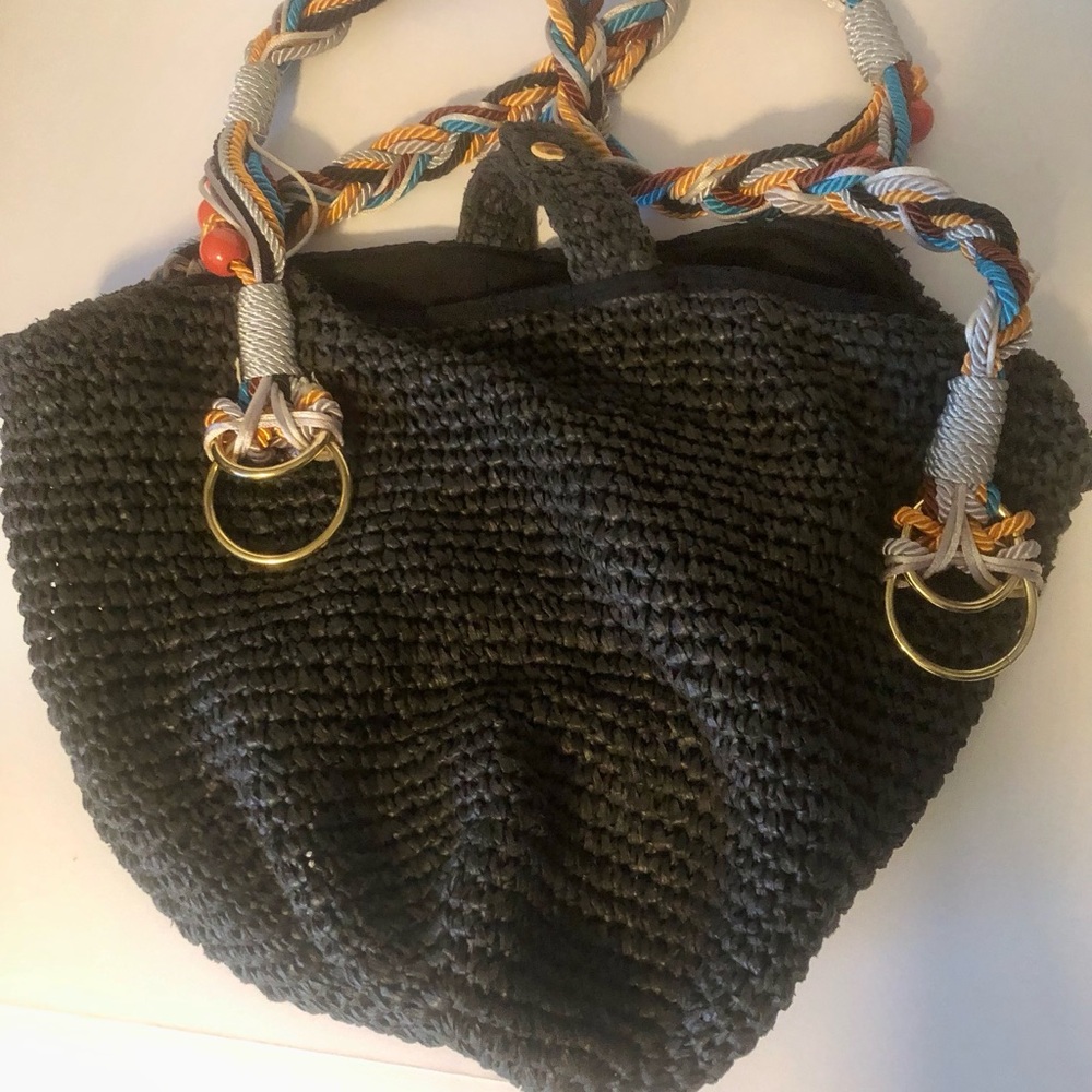 Black Woven Tote Bag with Gold Accents